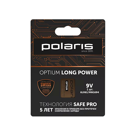 Батарейки щелочные Polaris PB 9V (6LR61) (1шт) Optium - фото №0
